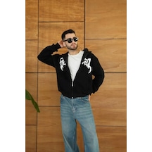 Erkek Kapüşonlu 3 İplik Şardonlu Önü Baskılı Fermuarlı Oversize Sweatshirt - Siyah Siyah