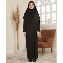 Kol Detaylı Namaz Elbisesi Tek Parça Kendiliğinden Başörtülü Siyah