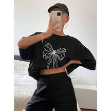 Kadın Fiyonk Baskılı T-shirt Kısa Kol Bisiklet Yaka Oversize Tişört - Siyah
