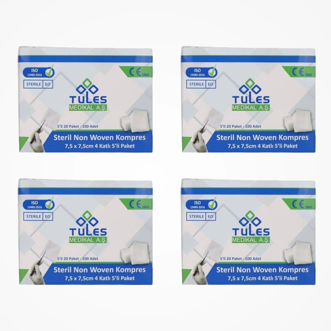 Tules Steril Non Woven Kompres 7,5 Cm X 7,5 Cm 4 Katlı 5 Li Zarf 100 Lü Kutu - 4 Kutu