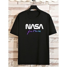Flood Of Style Erkek Siyah Nasa Future Baskılı Oversze Bisisklet Yaka Tişört