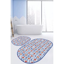 Mavi Suluboya Zigzag Motifli 2'li Oval Kaymaz Tabanlı Mutfak Paspas Seti & Banyo Paspas Takımı