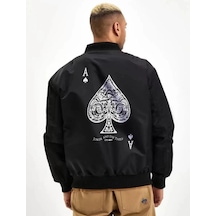 Ertaştrendstore Erkek Bomber Mont Siyah Maça Ası Baskılı Fermuarlı Cepli Kapitone Astarlı Kış Mont - Siyah Çoklu Renk