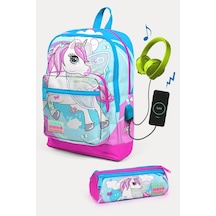 Coral High Kids Mavi Neon Pembe Unicorn Desenli Usb'li 2'li Okul Çanta Seti - Kız Çocuk