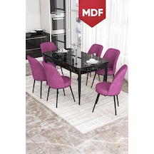 Canisa Kor Serisi 70x114 MDF Açılabilir Mutfak Masası Takımı Siyah Mermer Desen Masa 6 Mor Sandalye Masa Siyah Mermer Desen Sandalye Mor