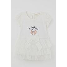 Breeze Kız Bebek Kısa Kollu Çıtçıtlı Zıbın Elbise Tütü Etekli Fiyonk Detaylı 6 Ay - 2 Yaş , Ekru