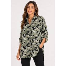 Neden Tekstil Kadın Oversize Desenli Uzun Kol Gömlek - Yeşil
