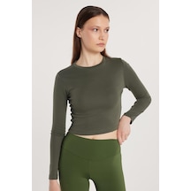 Tudors Kadın Slim Fit Pamuklu Uzun Kol Düz Bisiklet Yaka Haki Bluz-33485 haki