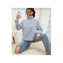 Kadın 3 İplik Pamuklu Uzun Kol Yarım Farmuarlı Yakalı Sweatshirt - Gri