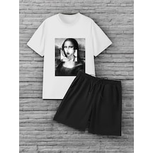 Uyguntarz Unisex Mona Lisa Baskılı Tasarım Şort Takım Beyaz