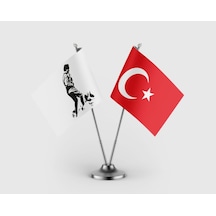 Atatürk Ve Türk Bayrağı İkili Saten Masa Bayrağı Takımı Diğer