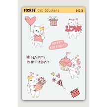 Sevimli Kedi Sticker Seti - 9 Adet Doğum Günü Temalı Etiket Çıkartma Kalp, Hediye, Pasta Ve Çiçek Diğer