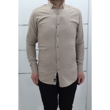 Becces Dmctekstil Erkek Kahverengi 010 Düz Spor Kesim Dar Kalıp Cepsiz Uzun Kollu Yazlık Keten Gömlek
