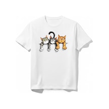Urbantrendstore Kedi Baskılı Basic Baskılı Yaz Tatil Kız Çocuk Erkek Çocuk Unisex Bisiklet Yuvarlak Yaka Basic Kısa Kollu %100 Pamuk Tişört Beyaz