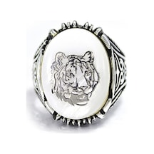 Gümüş Sedef Taş Kaplan Işleme Erkek Yüzük