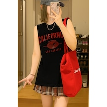 California Baskılı Siyah Kolsuz Atlet Kadın Sıfır Kol Oversize T-shirt Siyah