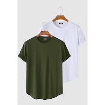 2'li Erkek Haki-Beyaz Kolları Katlı Oval Kesim Cepsiz Bisiklet Yaka T-shirt Haki- Beyaz
