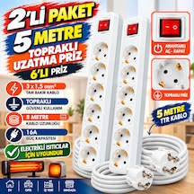 2'li Paket 5 Metre 6'lı Topraklı Anahtarlı Uzatma Priz 16a 3x1,5 Mm² Tam Bakır Ttr Kablo Aç Kapat Düğmeli Elektrikli Isıtıcı Uyumlu 5 m