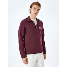 Koton Slogan İşlemeli Pamuk Karışımlı Dikiş Detaylı Yarım Fermuarlı Sweatshirt Bordo 5wam70263mk Bordo