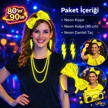 80 Ler 90 Lar Neon Sarı Parti Seti Kolye Küpe Taç - Mydr-874158