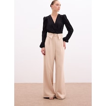 Sateen Bel Detaylı Geniş Paça Pantolon Bej