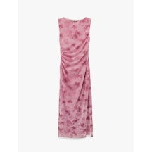 Koton Dik Yaka Kolsuz Drapeli Bodycon Yırtmaçlı Çiçekli Uzun Tül Elbise Pembe Desenli 6sal80185ık
