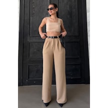 Madmext Bej Çift Pileli Kemerli Pantolon Mg2330 Bej