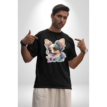 Chihuahua Köpek Pamuklu Bisiklet Yaka Unisex Oversize Boyfriend Dijital Baskılı Siyah T-shirt Siyah