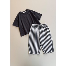 Cigit Oversize T-shirt Takım 2-10 Yaş Antrasit Siyah Çizgili