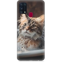 Samsung Galaxy M31 Uyumlu Banyo Yapan Kedi Desenli Silikon Kılıf