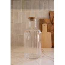 1350 Ml Cam Şişe Ahşap Kapaklı Cam Sürahi Çizgili Borosilikat Cam Şişe Şeffaf Cam Su Şişesi Mutfak İçecek Şişesi 11x25 Cm Şeffaf