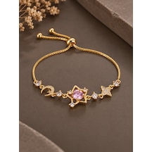 Pembe Taşlı Yıldız Model Gold Renk Zirkon Taşlı Asansörlü Bileklik Çok Renkli