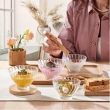 Cam Kase Seti Çizgili Desenli, 6 Lı Servis Ve Tatlı Kasesi, Salata, Meze, Çerez Ve Dondurma İçin Şık Sofra Gereci Açık Bej