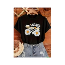 Medinenur Papatya Bisiklet Baskılı Basic T-shirt Siyah