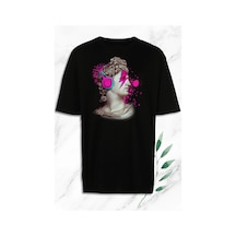 Unisex Oversize Mitoloji Trend Heykel Baskılı Beyaz Tişört Siyah