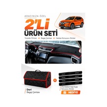 Nissan X-trail 2013-2020 Uyumlu Torpido Örtüsü + Deri Bagaj Çantası + Sticker Seti - Siyah Kırmızı