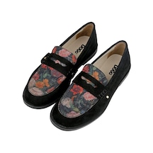 Kadın Vegan Deri Siyah Loafer - Black Floral Tasarım Çok Renkli