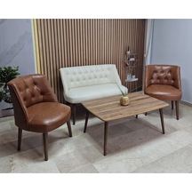Azra Mobilya Deri Çay Seti Koltuk Takımı + Sehpa - Oturma Grubu - Cafe Mobilya - Ofis Mobilya - Balkon Mobilya Krem-taba