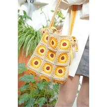 Melonndesign Tığişi Ayçiçeği Motifli Çanta Bej