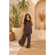 Miço Kids Puantiyeli Kız Çocuk Takım Halter Yaka Pantolon Kahverengi