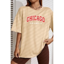 Unisex Chiago Baskılı T-shirt Bej