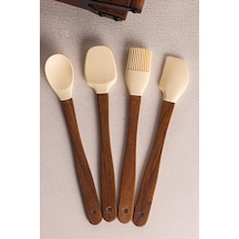 Milly Krem - 4'lü Akasya Saplı Krem Silikon Spatula Seti 21 cm Mutfak Seti Doğal Kaşık Spatula Seti