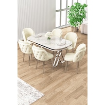 Canisa Zae Serisi 90x168 Lak Panel Beyaz Mermer Desen Krom Ayak Masa Takımı 6 Krem Sandalye Beyaz Mermer Masa Krem Sandalye Krom Detay