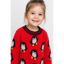 Penguen Desenli Kız Çocuk Kazak 23212 Kırmızı