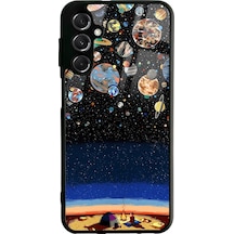 Samsung Uyumlu M34 Gezegenler Altında Kamp Tasarımlı Glossy Telefon Kılıfı Siyah