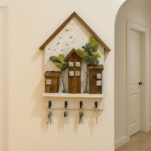 Ahşap Ev Temalı Duvar Askılığı 25x36 Cm 4 Kancalı Anahtarlık , El Yapımı Dekoratif Askı Beyaz