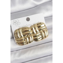 316 Çelik Gold Renk İşlemeli Kare Plaka Model Kadın Küpe çok renkli