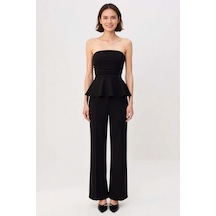 Benerly Kadın Straplez Peplum Detaylı Geniş Paça Uzun Örme Takım Soft Tou siyah