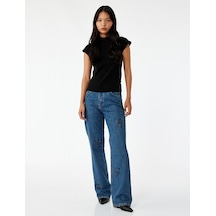 Koton Normal Bel Düz Paça Düğmeli Çiçekli Taşlı Jean Pantolon - Straight Jeans Koyu İndigo 6wal40189md Dark Indigo