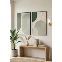 Siyah Ahşap Çerçeveli Yeşil Geometrik Soyut Modern Duvar Tablosu 2 Li Set Kabartma Görünümlü Siyah